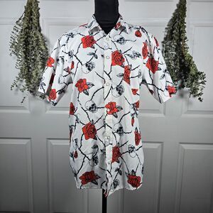 Triumph Tragedy White Skull Rose Thorns Button-down Mens Shirt Medium